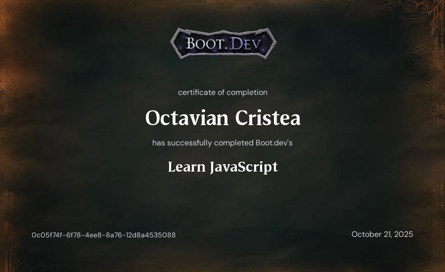Octavian Cristea's Boot.dev Learn JavaScript certificate