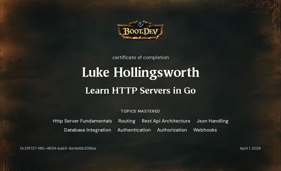 Luke Hollingsworth's Boot.dev Learn HTTP Servers in Go certificate