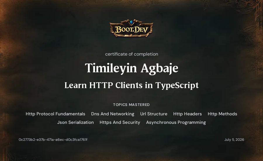 Timileyin Agbaje's Boot.dev Learn HTTP Clients in TypeScript certificate