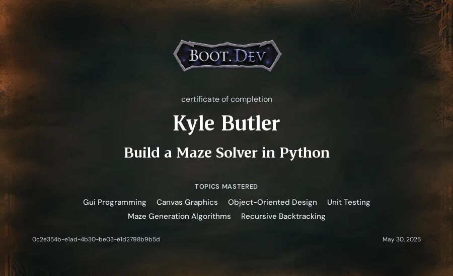 Kyle Butler's Boot.dev Build a Maze Solver in Python certificate
