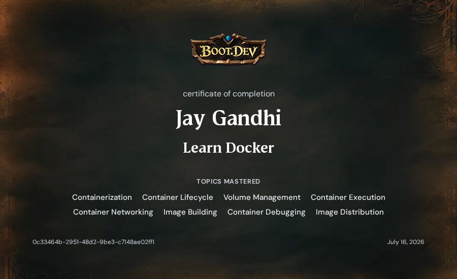 Jay Gandhi's Boot.dev Learn Docker certificate
