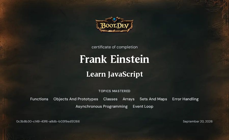 Frank Einstein's Boot.dev Learn JavaScript certificate