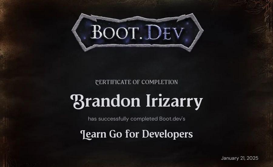 Brandon Irizarry's Boot.dev Learn Go certificate