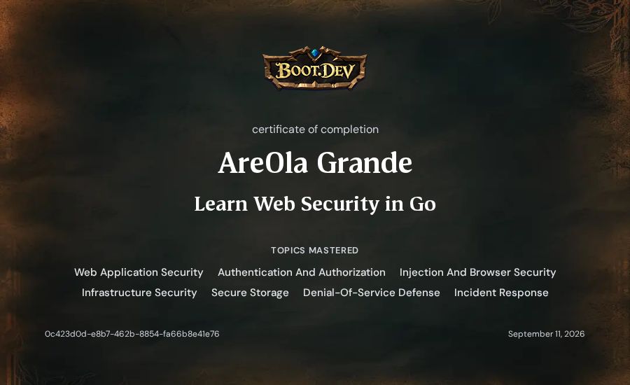 Are0la Grande's Boot.dev Learn Web Security in Go certificate