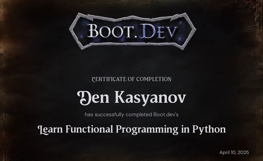 Den Kasyanov's Boot.dev Learn Functional Programming in Python certificate