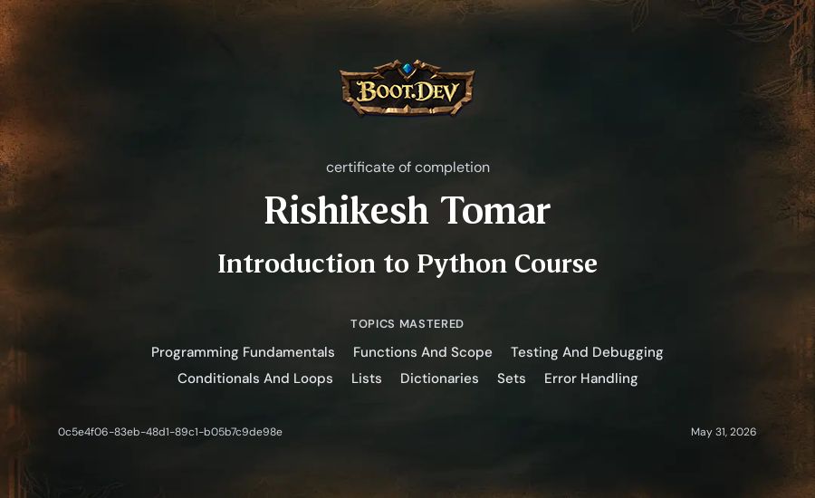 Rishikesh Tomar's Boot.dev Introduction to Python Course certificate