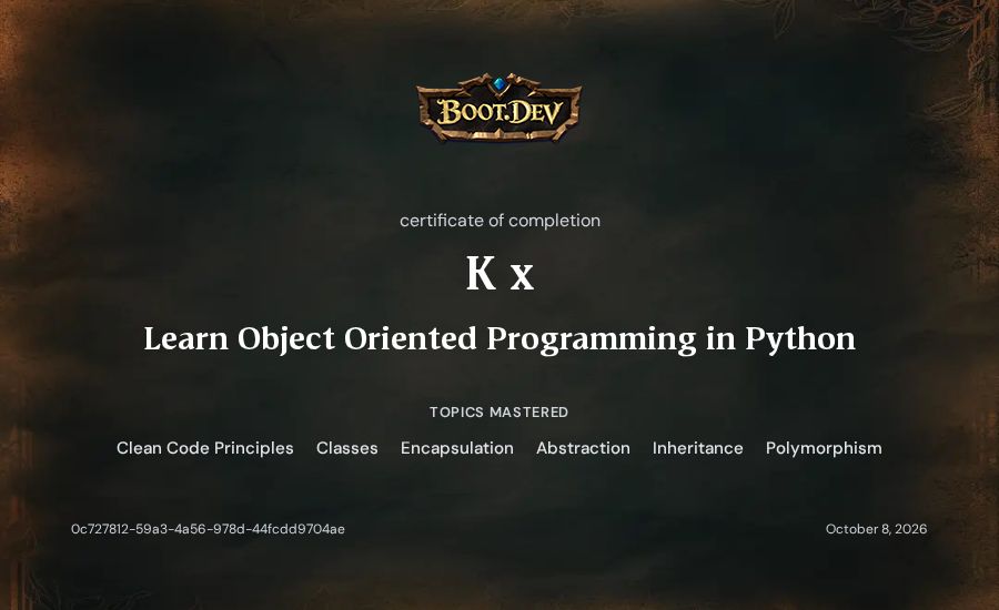 K x's Boot.dev Learn Object Oriented Programming in Python certificate