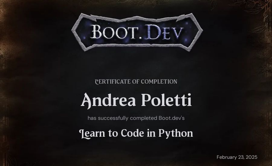 Andrea Poletti's Boot.dev Introduction to Python Course certificate