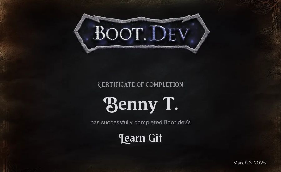 Benny T.'s Boot.dev Learn Git certificate