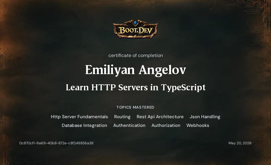 Emiliyan Angelov's Boot.dev Learn HTTP Servers in TypeScript certificate