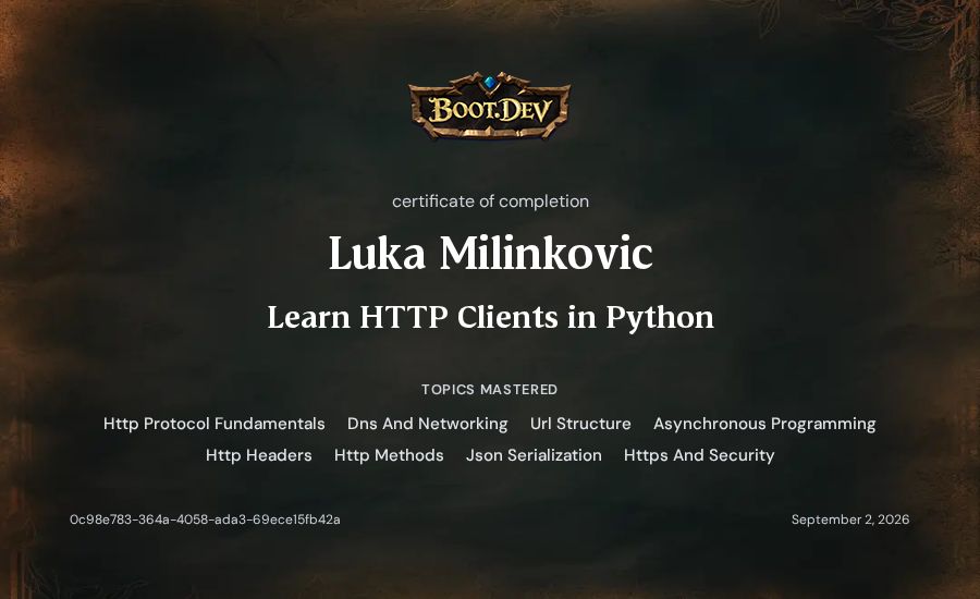 Luka Milinkovic's Boot.dev Learn HTTP Clients in Python certificate