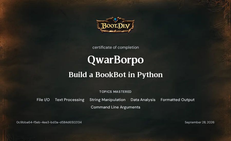 QwarBorpo's Boot.dev Build a BookBot in Python certificate