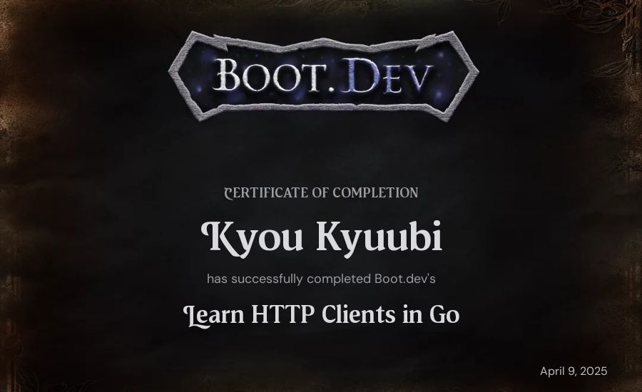 Kyou Kyuubi's Boot.dev Learn HTTP Clients in Go certificate