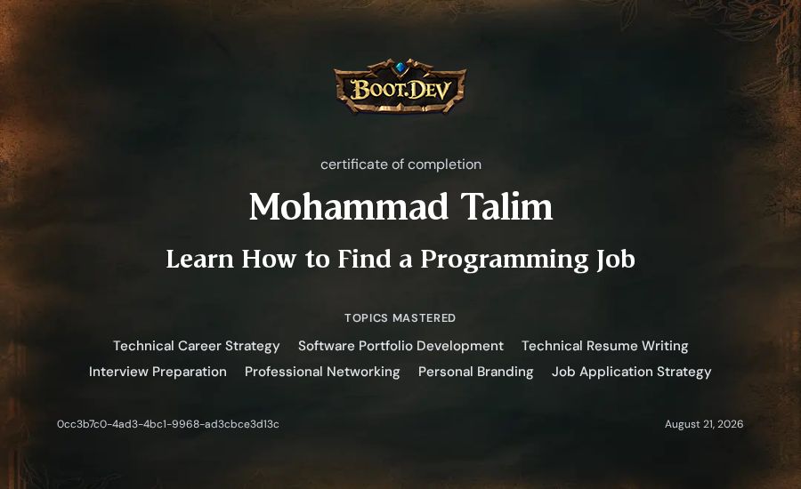 Mohammad Talim's Boot.dev Learn How to Find a Programming Job certificate