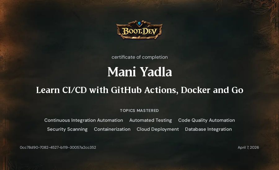 Mani Yadla's Boot.dev Learn CI/CD with GitHub Actions, Docker and Go certificate