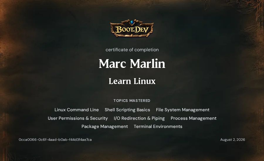 Marc Marlin's Boot.dev Learn Linux certificate