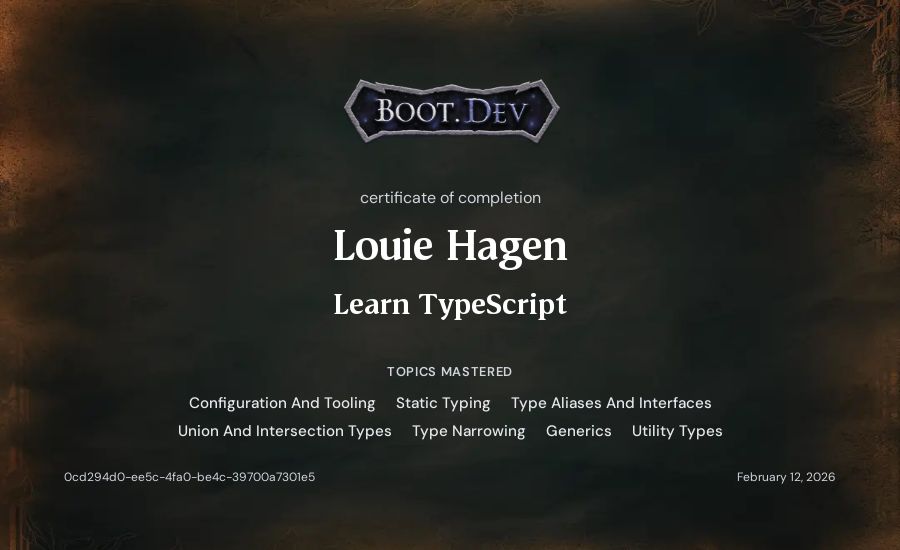 Louie Hagen's Boot.dev Learn TypeScript certificate