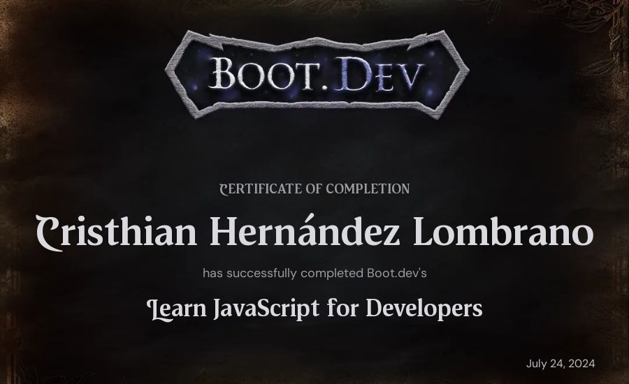 Cristhian Hernández Lombrano's Boot.dev Learn JavaScript certificate