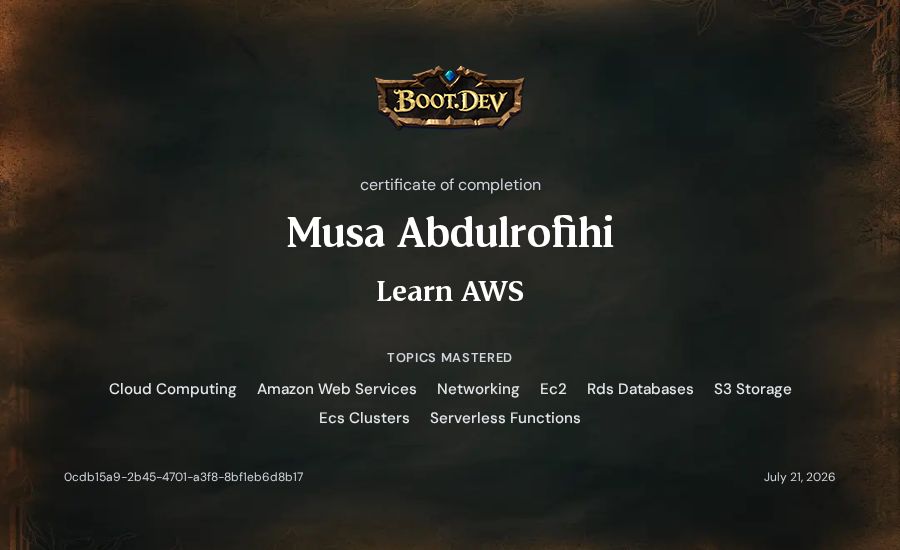 Musa Abdulrofihi's Boot.dev Learn AWS certificate