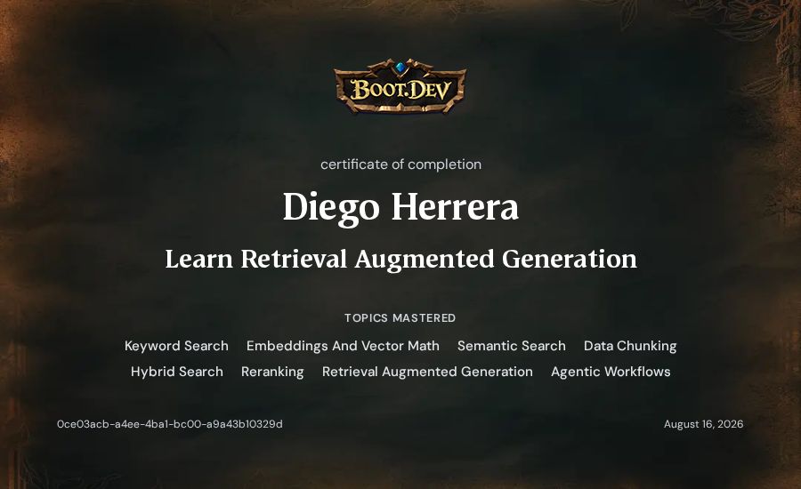 Diego Herrera's Boot.dev Learn Retrieval Augmented Generation certificate
