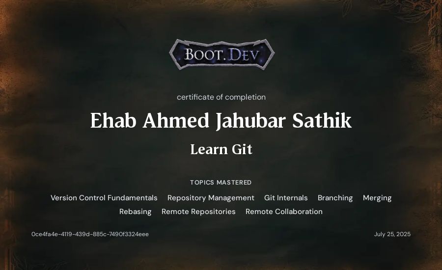 Ehab Ahmed Jahubar Sathik's Boot.dev Learn Git certificate