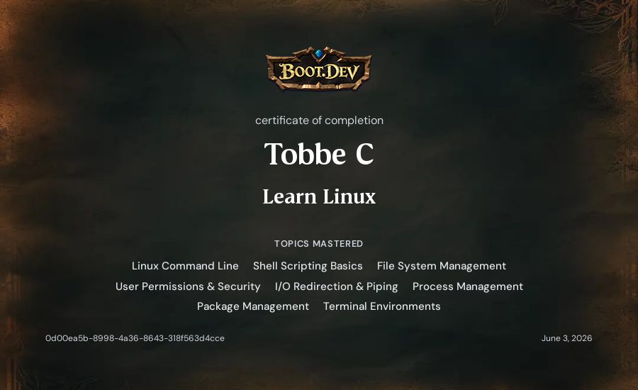 Tobbe C's Boot.dev Learn Linux certificate
