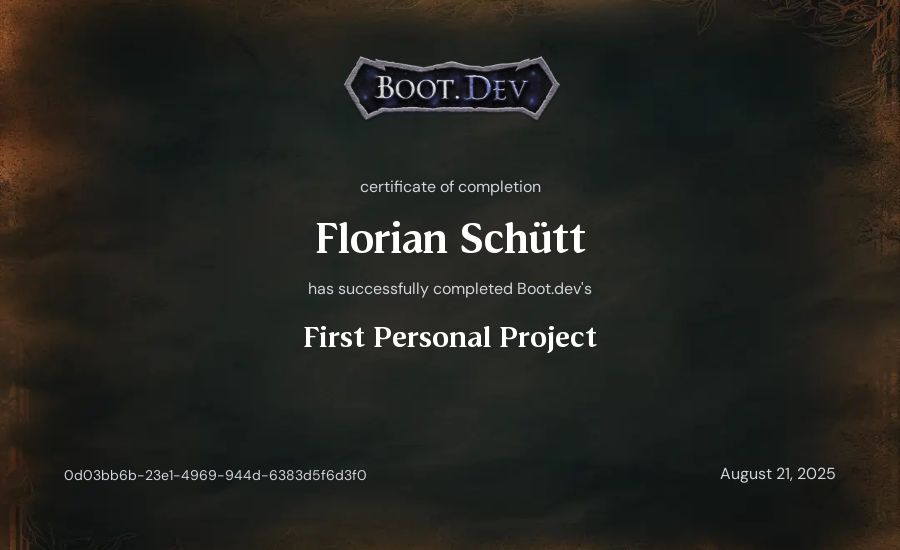 Florian Schütt's Boot.dev First Personal Project certificate