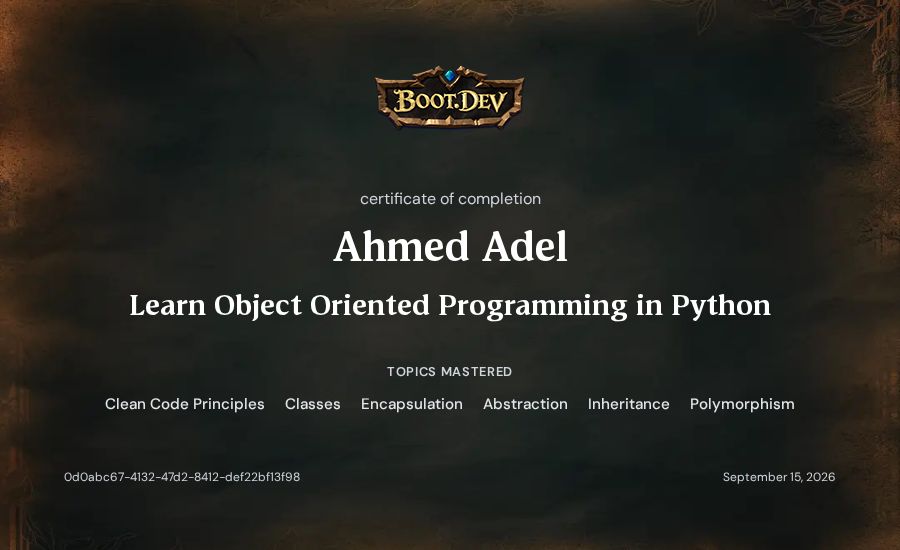 Ahmed Adel's Boot.dev Learn Object Oriented Programming in Python certificate