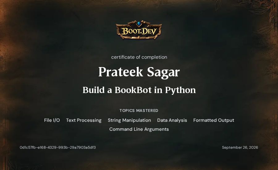 Prateek Sagar's Boot.dev Build a BookBot in Python certificate