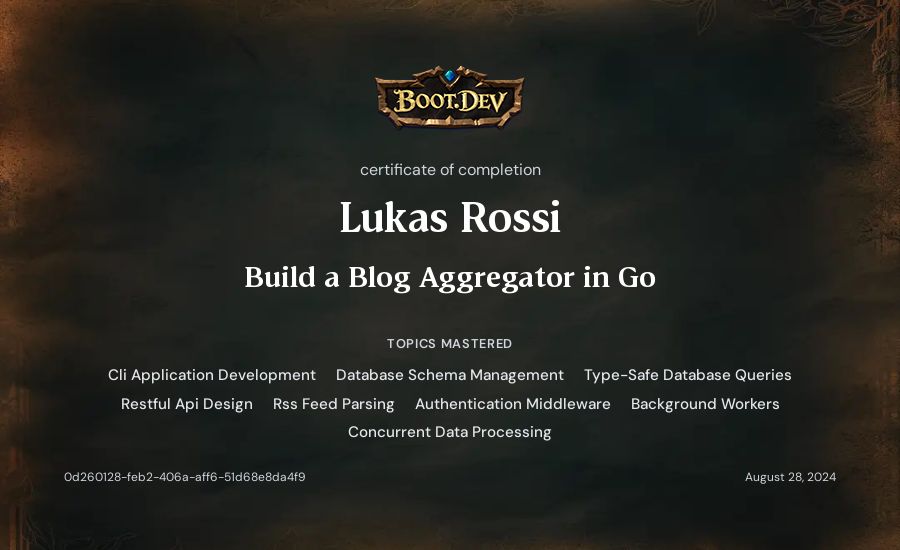 Lukas Rossi's Boot.dev Build a Blog Aggregator in Go certificate