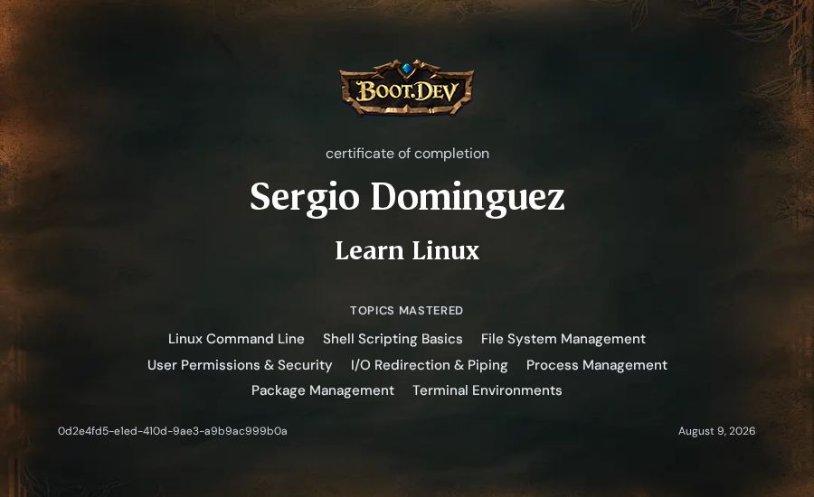 Sergio Dominguez's Boot.dev Learn Linux certificate