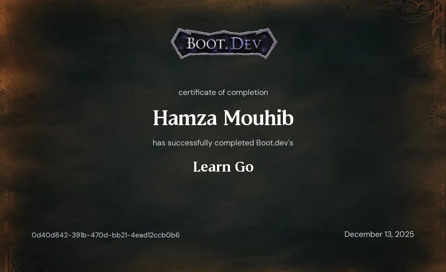 Hamza Mouhib's Boot.dev Learn Go certificate