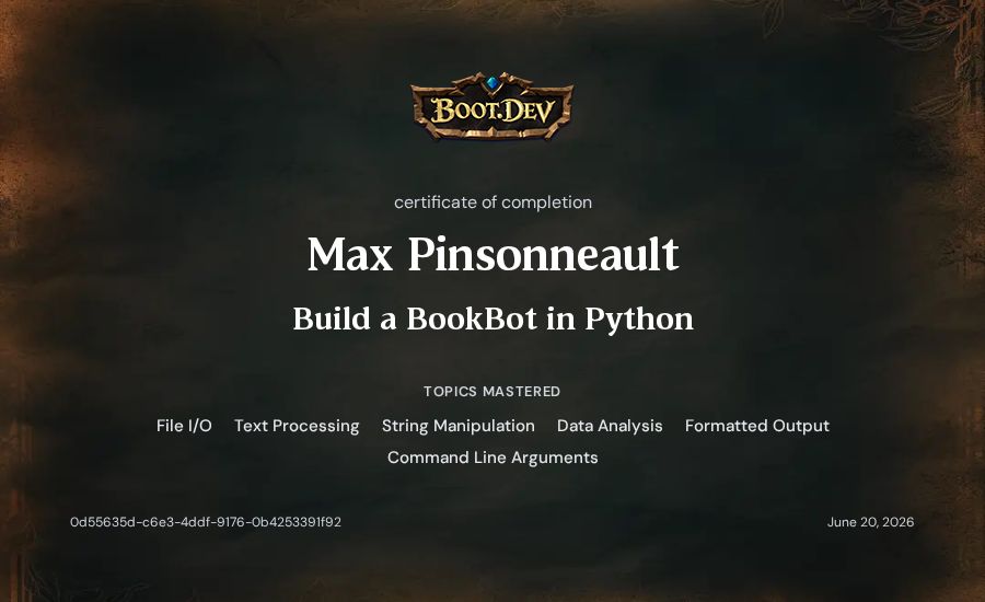 Max Pinsonneault's Boot.dev Build a BookBot in Python certificate