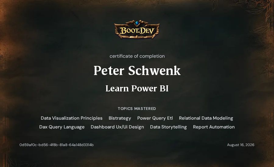 Peter Schwenk's Boot.dev Learn Power BI certificate