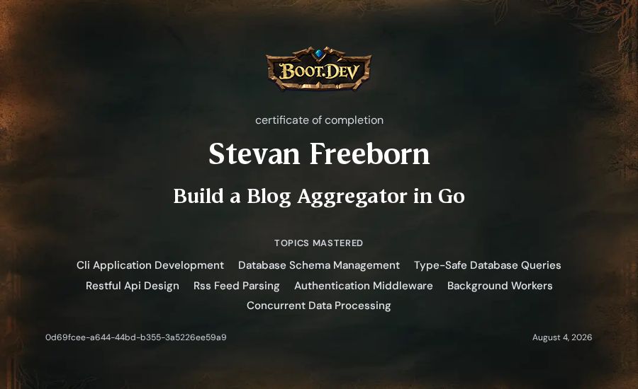 Stevan Freeborn's Boot.dev Build a Blog Aggregator in Go certificate