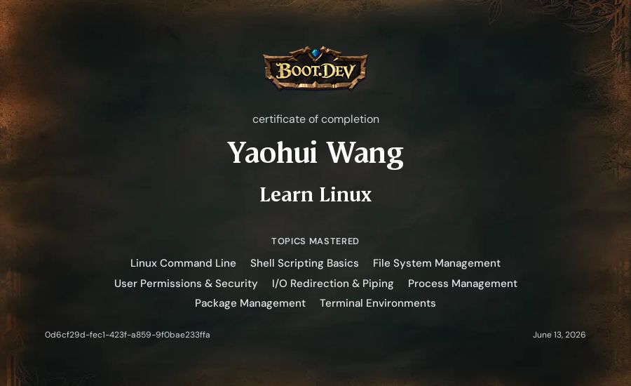 Yaohui Wang's Boot.dev Learn Linux certificate