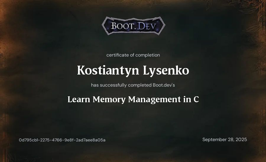 Kostiantyn Lysenko's Boot.dev Learn Memory Management in C certificate