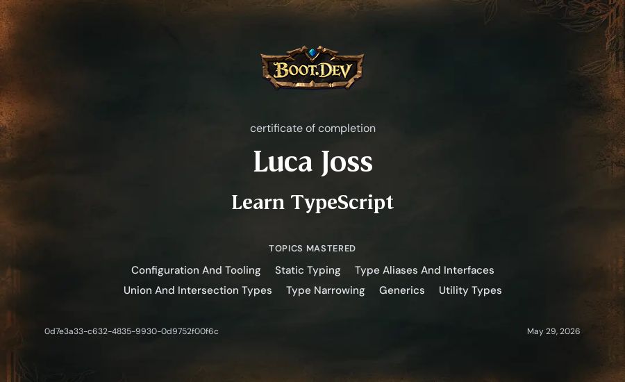 Luca Joss's Boot.dev Learn TypeScript certificate