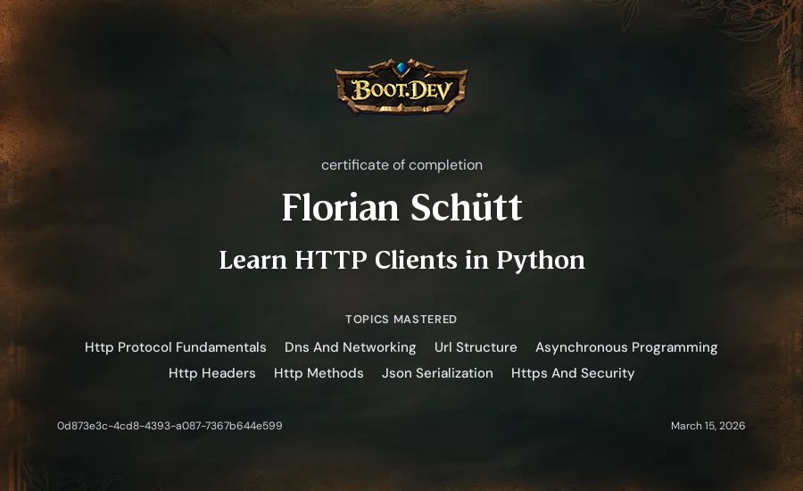 Florian Schütt's Boot.dev Learn HTTP Clients in Python certificate