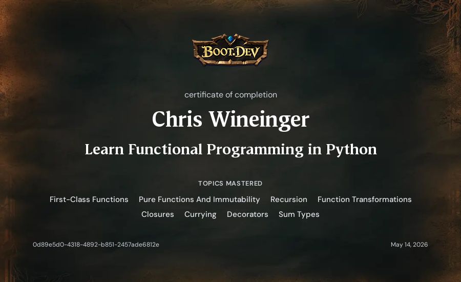 Chris Wineinger's Boot.dev Learn Functional Programming in Python certificate