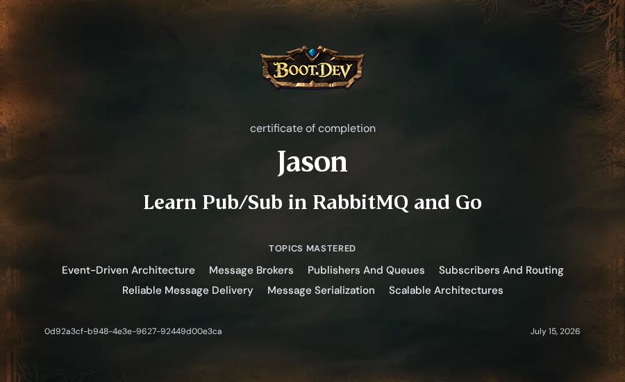 Jason's Boot.dev Learn Pub/Sub in RabbitMQ and Go certificate
