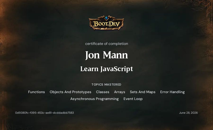 Jon Mann's Boot.dev Learn JavaScript certificate