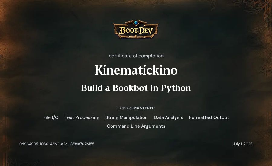 Kinematickino's Boot.dev Build a BookBot in Python certificate