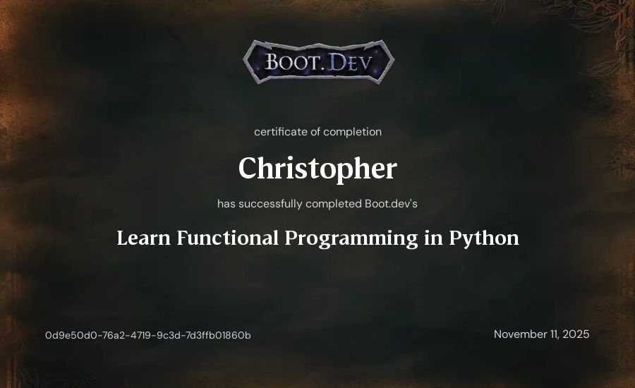 Christopher's Boot.dev Learn Functional Programming in Python certificate