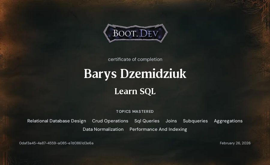 Barys Dzemidziuk's Boot.dev Learn SQL certificate