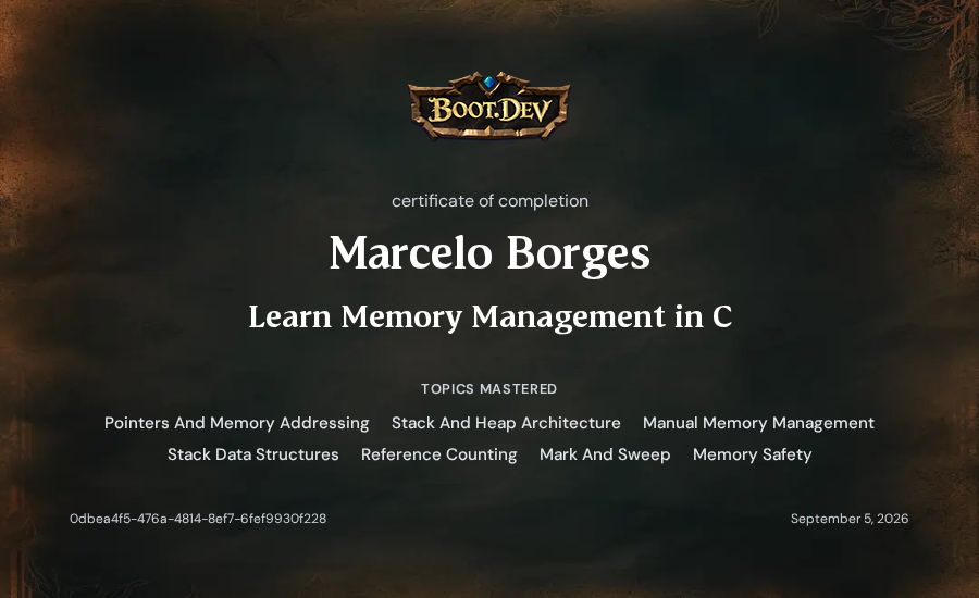 Marcelo Borges's Boot.dev Learn Memory Management in C certificate