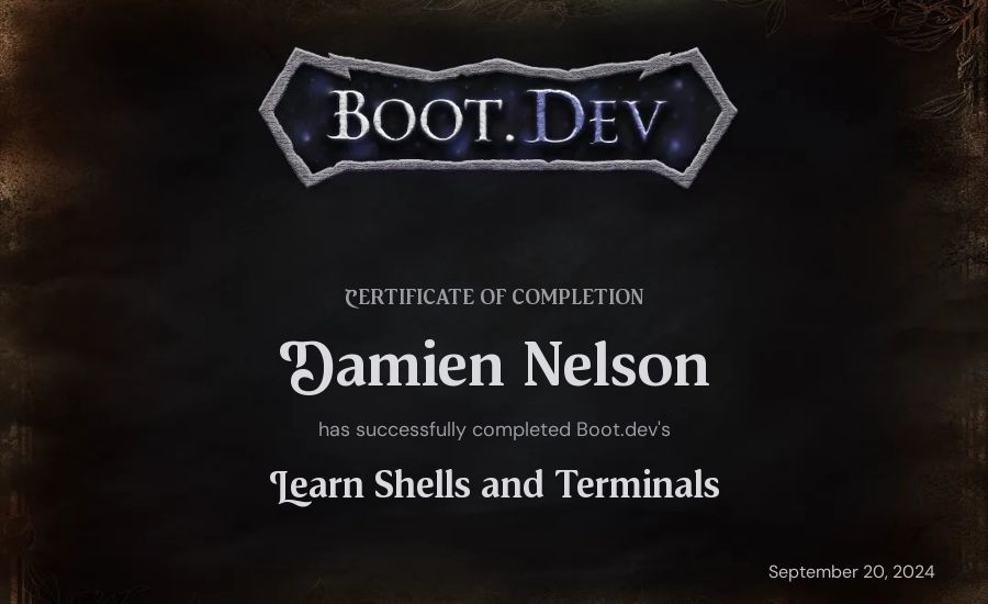 Damien Nelson's Boot.dev Learn Linux certificate