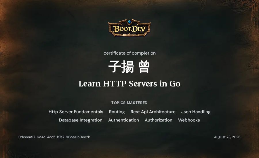 子揚 曾's Boot.dev Learn HTTP Servers in Go certificate