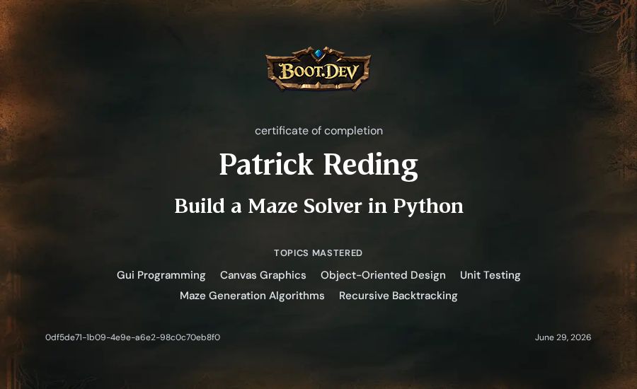 Patrick Reding's Boot.dev Build a Maze Solver in Python certificate