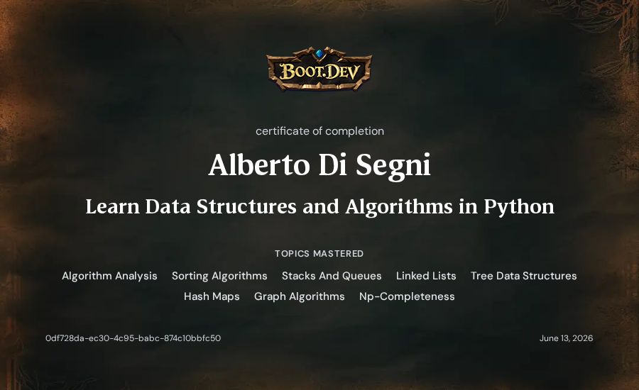 Alberto Di Segni's Boot.dev Learn Data Structures and Algorithms in Python certificate